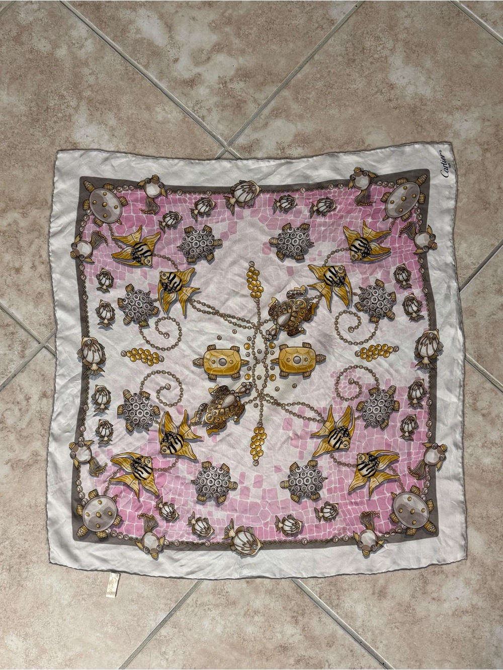 Cartier Vintage Pink and Gold Silk Scarf with Nautical Chain Motif